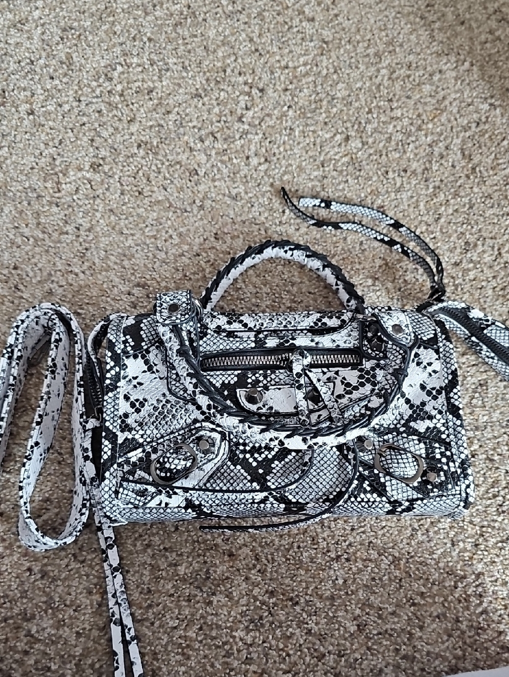 Snake Print Top-Handle Crossbody Bag in Black & White